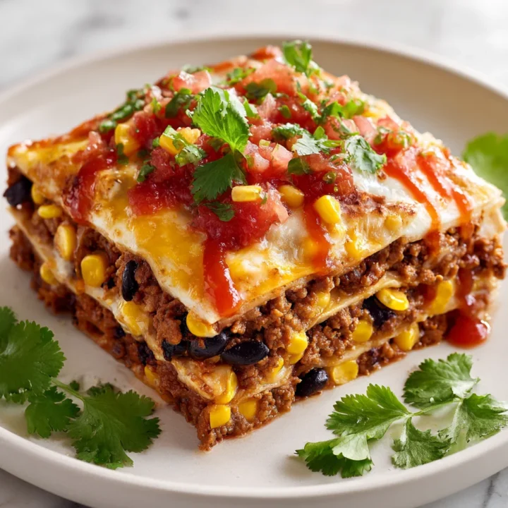 Lasaña de tacos con capas de carne, frijoles y queso, lista para servir en una mesa festiva