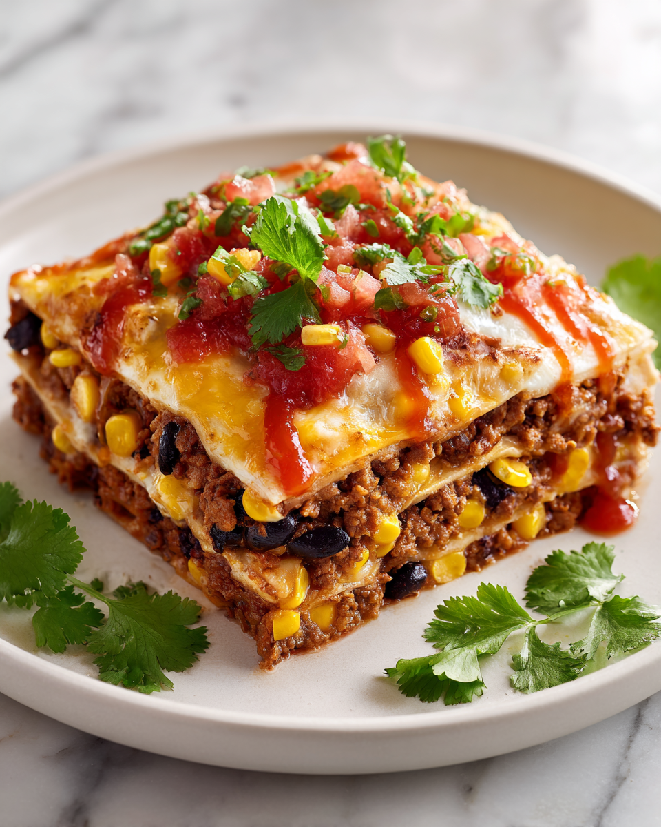 Lasaña de tacos con capas de carne, frijoles y queso, lista para servir en una mesa festiva