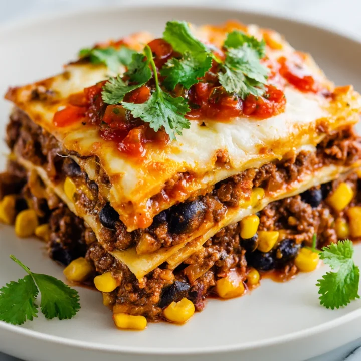 Lasaña de tacos con capas de carne, frijoles y queso, lista para servir en una mesa festiva