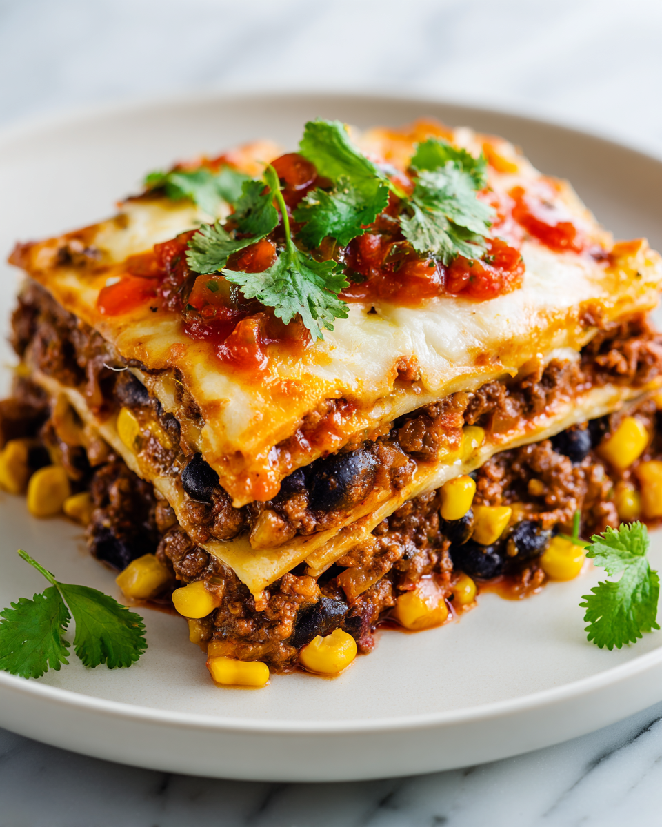 Lasaña de tacos con capas de carne, frijoles y queso, lista para servir en una mesa festiva
