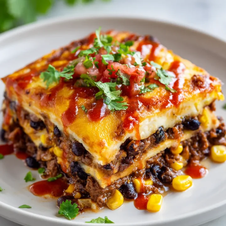Lasaña de tacos con capas de carne, frijoles y queso, lista para servir en una mesa festiva