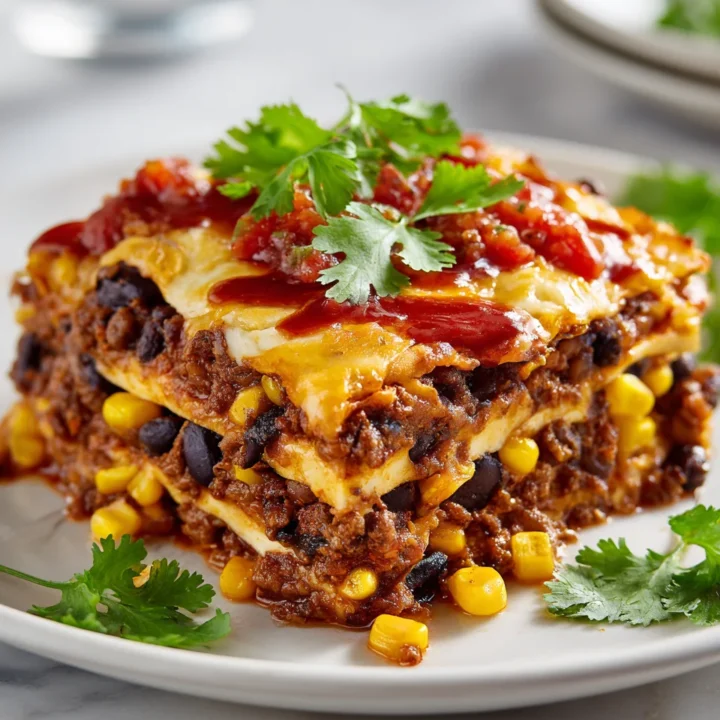 Lasaña de tacos con capas de carne, frijoles y queso, lista para servir en una mesa festiva