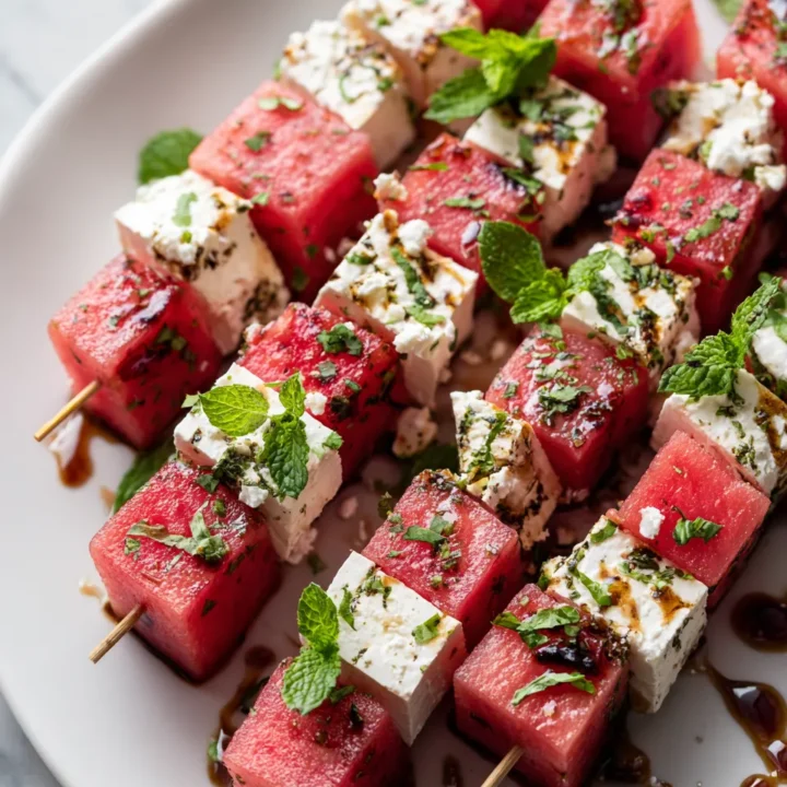 Listones de sandía con queso feta y menta, un aperitivo colorido y refrescante para el verano