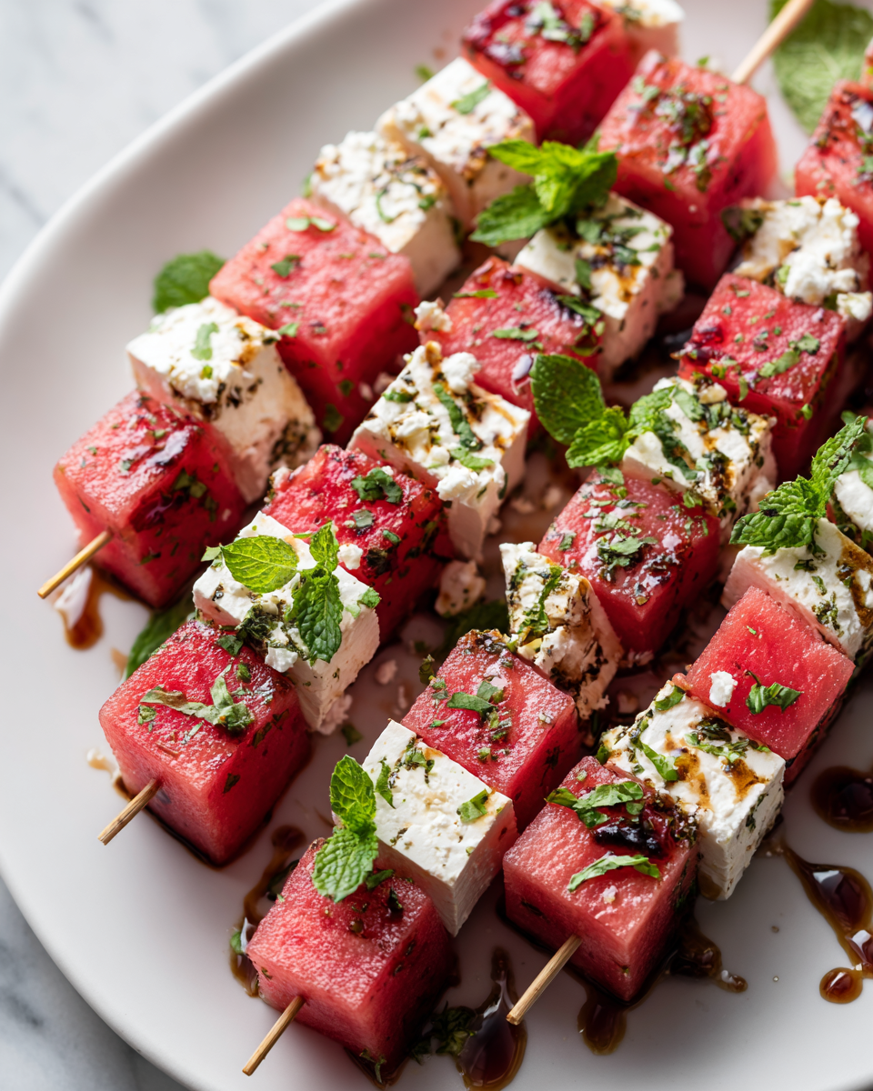 Refrescantes Listones de Sandía con Feta y Menta Listones de sandía con queso feta y menta, un aperitivo colorido y refrescante para el verano