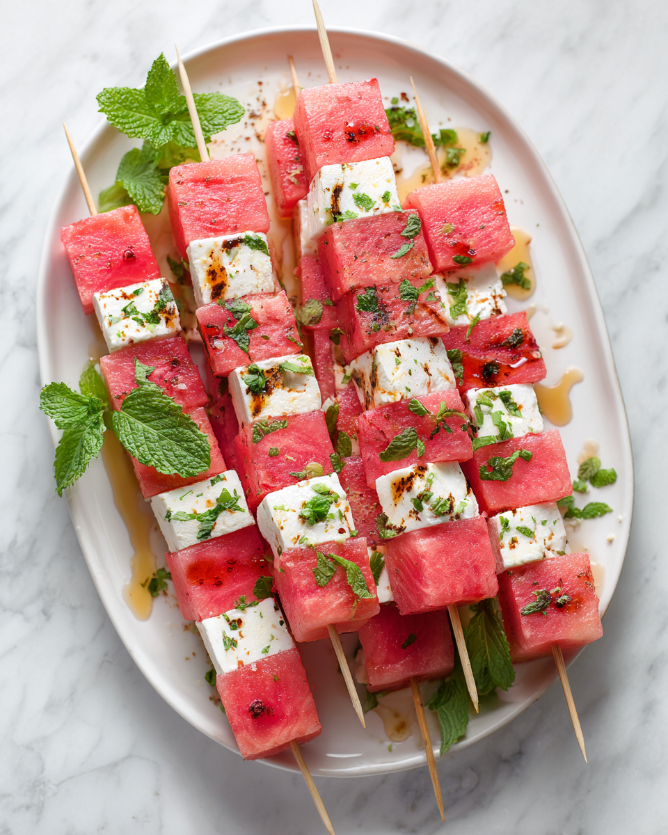 Refrescantes Listones de Sandía con Feta y Menta Listones de sandía con queso feta y menta, un aperitivo colorido y refrescante para el verano