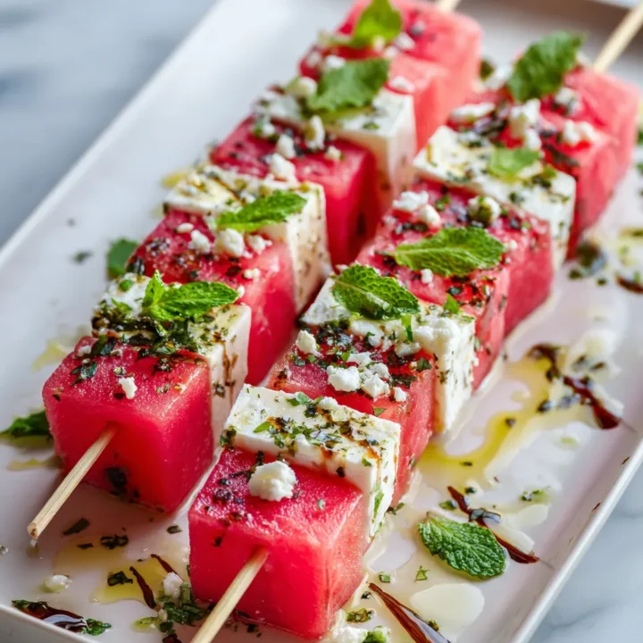 Listones de sandía con queso feta y menta, un aperitivo colorido y refrescante para el verano