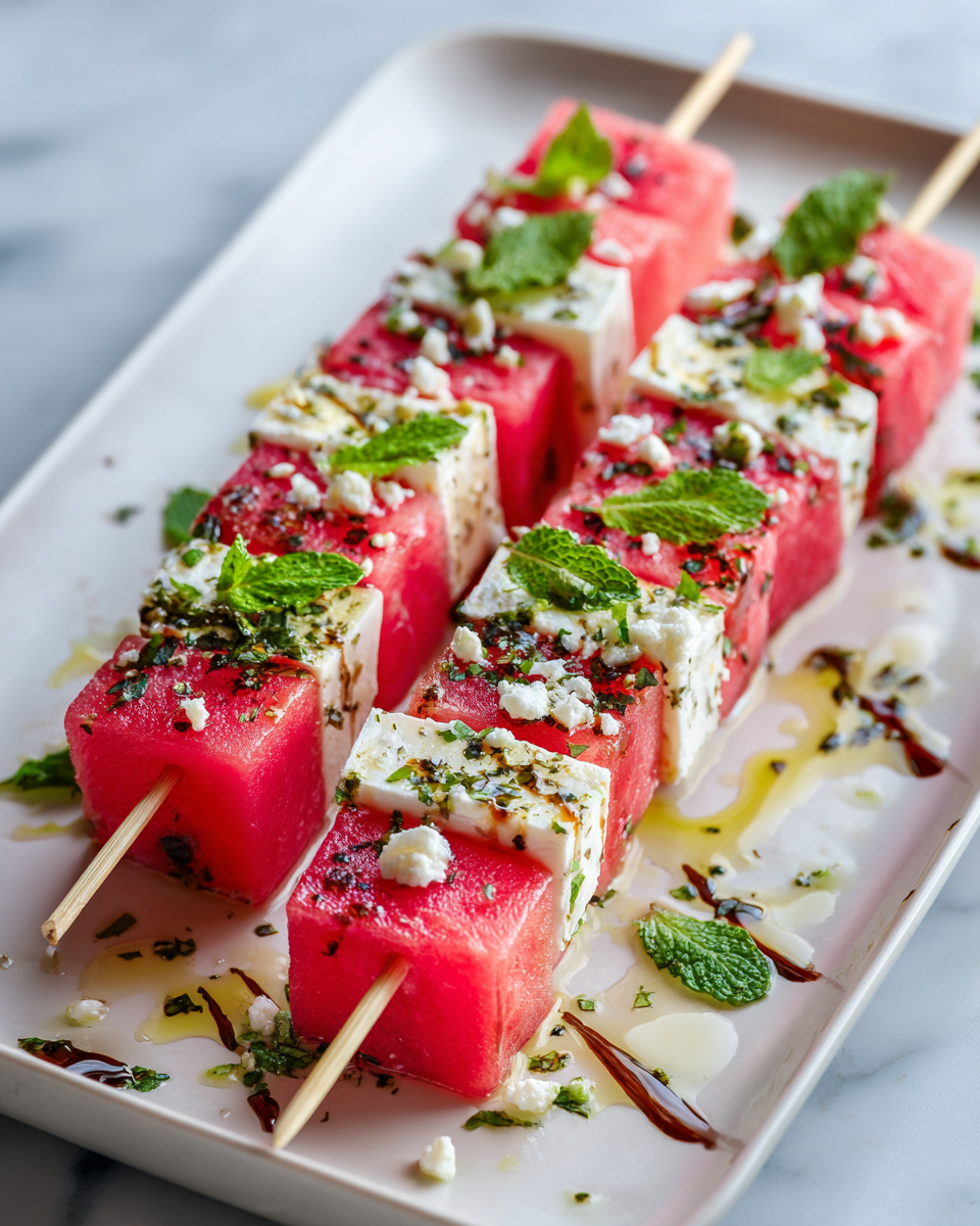 Refrescantes Listones de Sandía con Feta y Menta Listones de sandía con queso feta y menta, un aperitivo colorido y refrescante para el verano