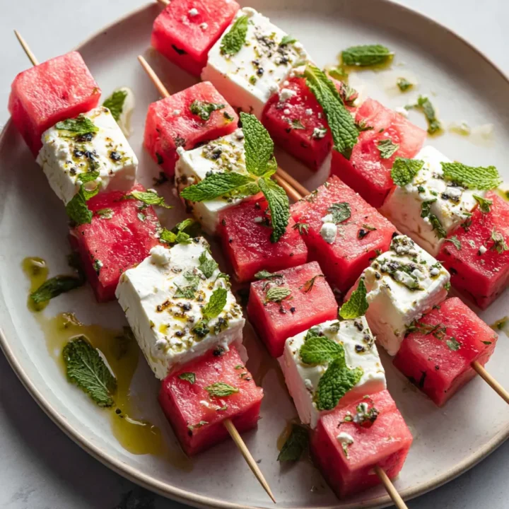 Listones de sandía con queso feta y menta, un aperitivo colorido y refrescante para el verano
