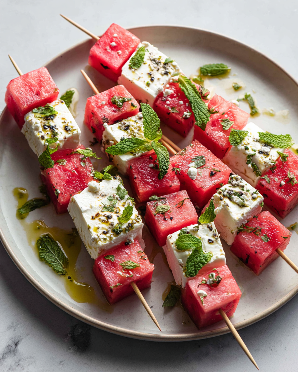 Refrescantes Listones de Sandía con Feta y Menta Listones de sandía con queso feta y menta, un aperitivo colorido y refrescante para el verano