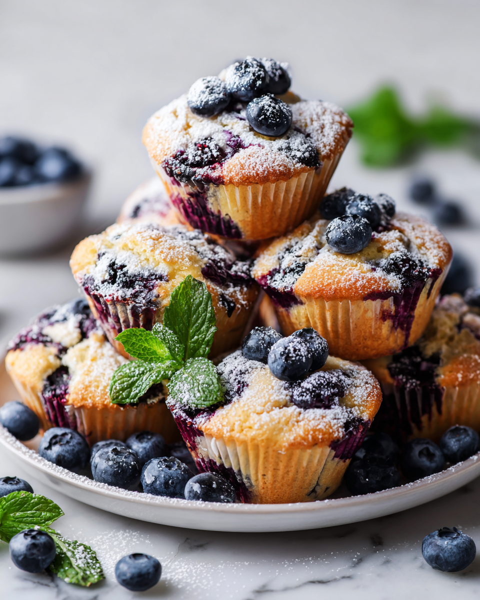 Muffins de avena y arándanos esponjosos recién horneados, perfectos para el desayuno o una merienda saludable.