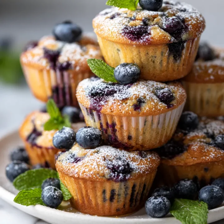 Muffins de avena y arándanos esponjosos recién horneados, perfectos para el desayuno o una merienda saludable.