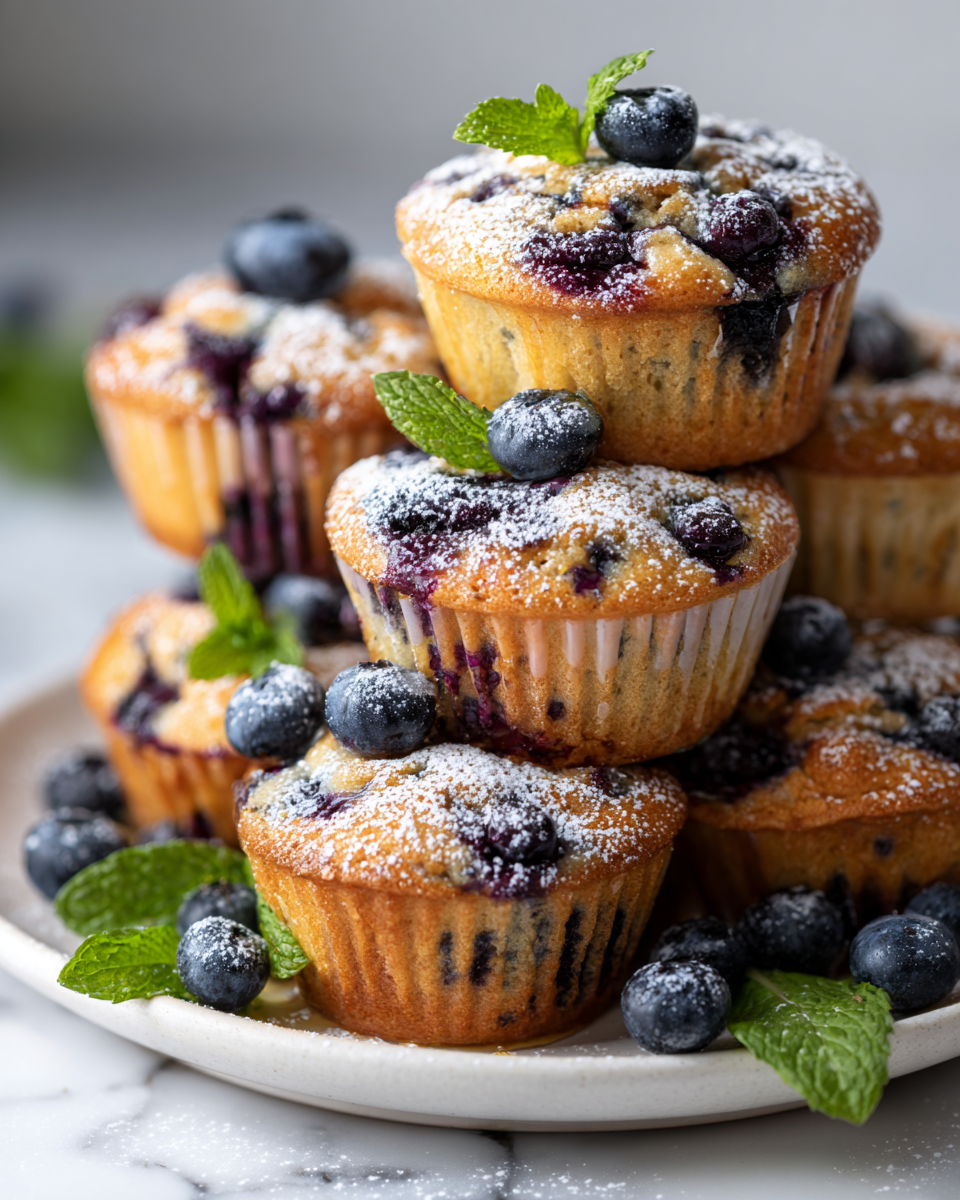 Muffins de avena y arándanos esponjosos recién horneados, perfectos para el desayuno o una merienda saludable.