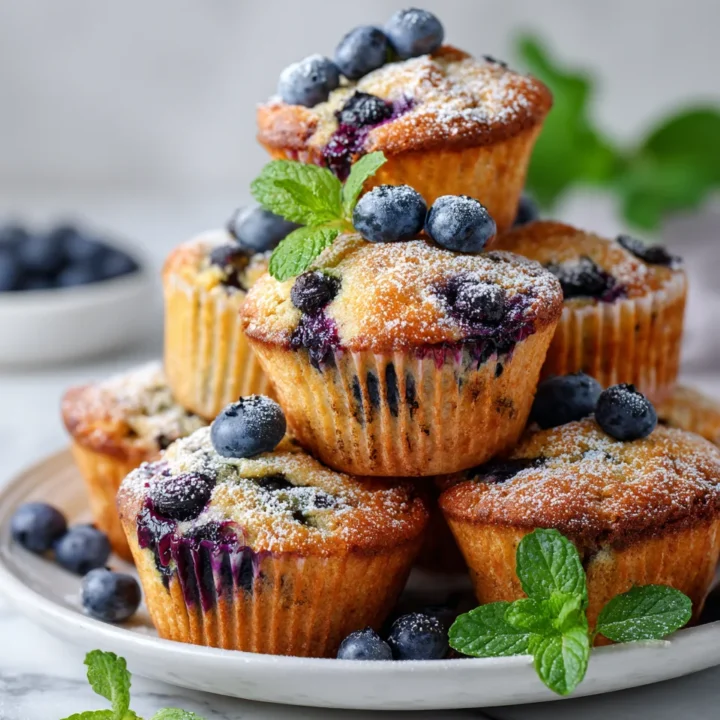 Muffins de avena y arándanos esponjosos recién horneados, perfectos para el desayuno o una merienda saludable.