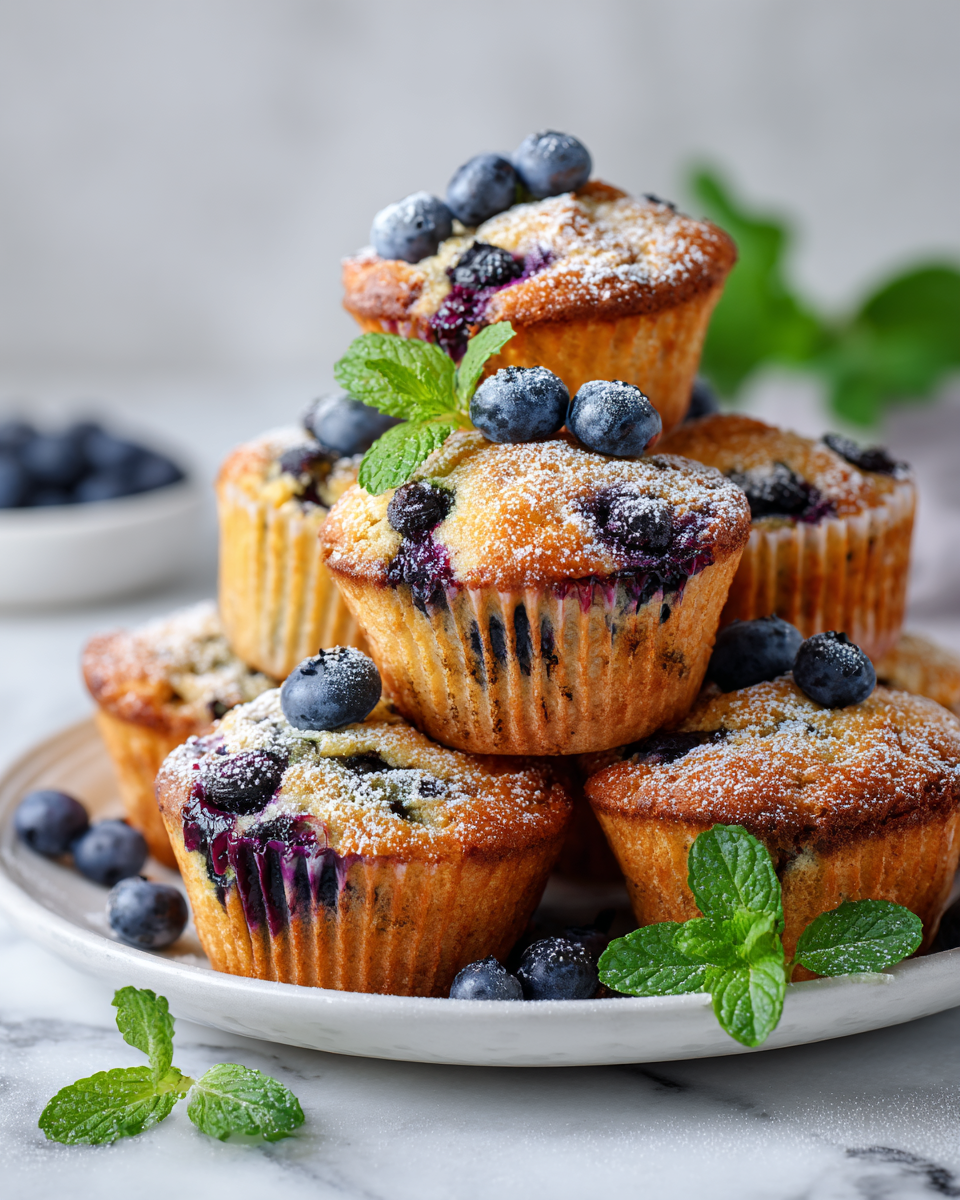 Muffins de avena y arándanos esponjosos recién horneados, perfectos para el desayuno o una merienda saludable.