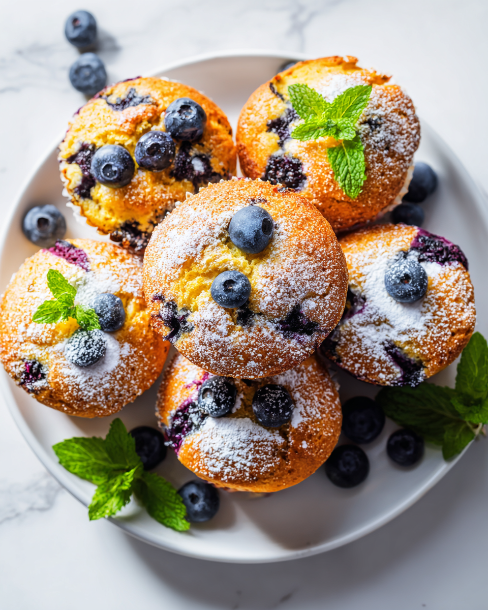 Muffins de avena y arándanos esponjosos recién horneados, perfectos para el desayuno o una merienda saludable.