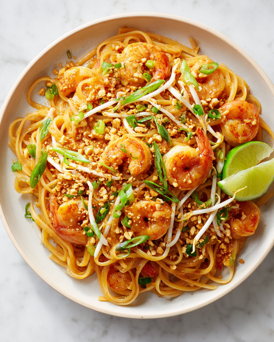Plato de Pad Thai de camarones con fideos de arroz, brotes de soja y cacahuetes tostados, servido con gajos de lima.