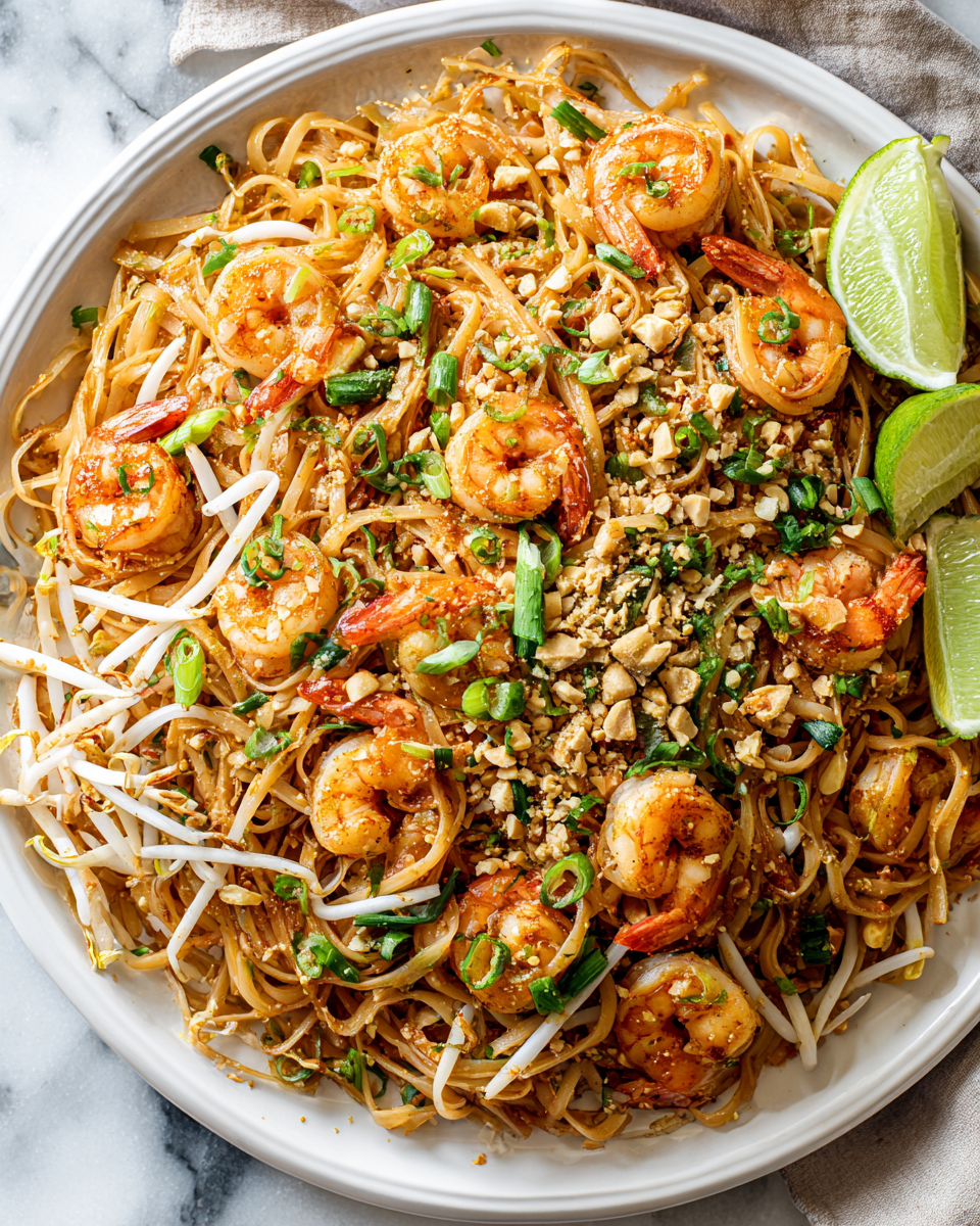 Plato de Pad Thai de camarones con fideos de arroz, brotes de soja y cacahuetes tostados, servido con gajos de lima.