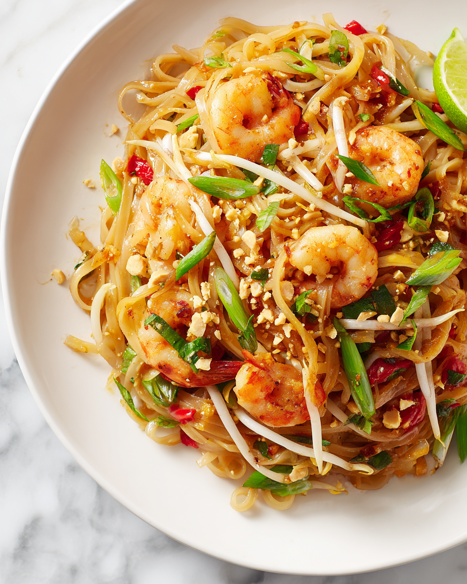 Plato de Pad Thai de camarones con fideos de arroz, brotes de soja y cacahuetes tostados, servido con gajos de lima.