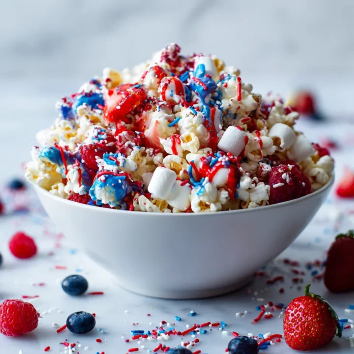 Deliciosas Palomitas de Maíz para el 4 de Julio Palomitas de maíz festivas decoradas con chocolate blanco, candy melts en rojo y azul, ideales para el 4 de julio y celebraciones de verano.