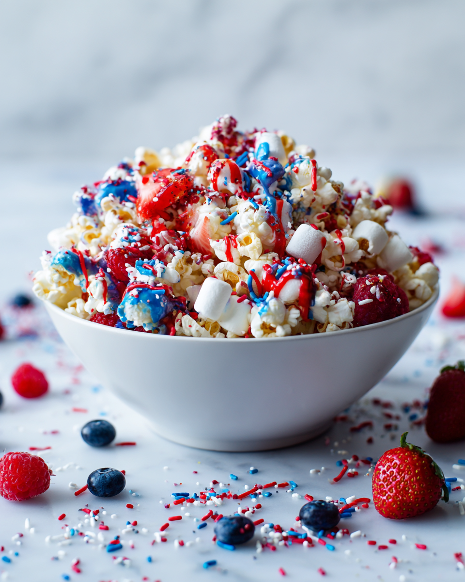 Palomitas de maíz festivas decoradas con chocolate blanco, candy melts en rojo y azul, ideales para el 4 de julio y celebraciones de verano.