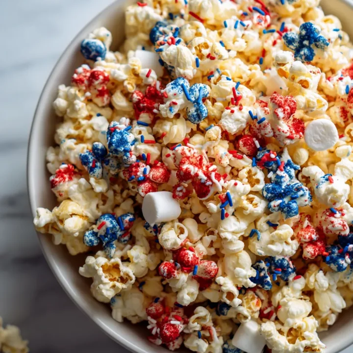 Deliciosas Palomitas de Maíz para el 4 de Julio Palomitas de maíz festivas decoradas con chocolate blanco, candy melts en rojo y azul, ideales para el 4 de julio y celebraciones de verano.