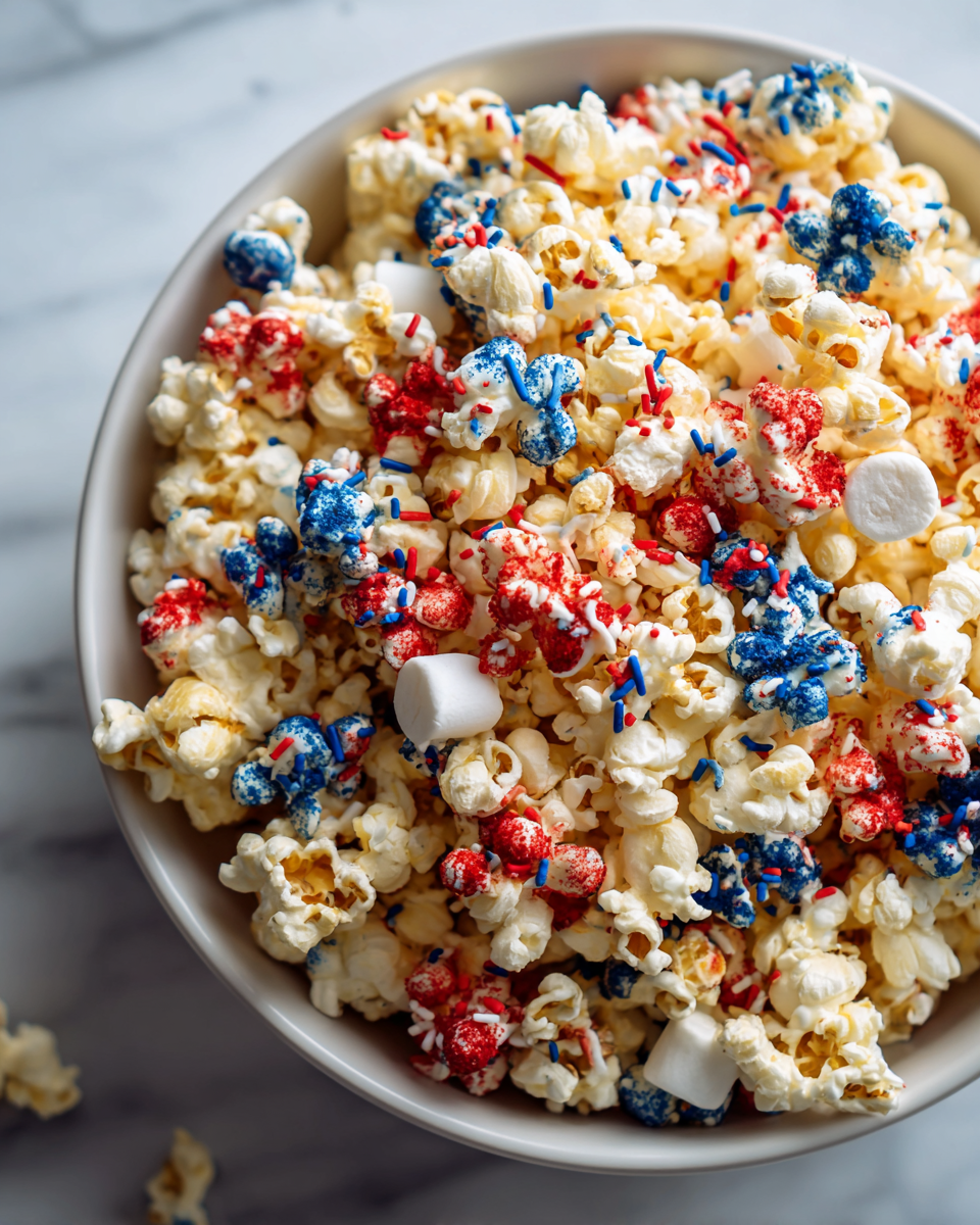 Palomitas de maíz festivas decoradas con chocolate blanco, candy melts en rojo y azul, ideales para el 4 de julio y celebraciones de verano.