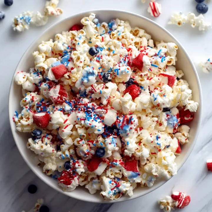 Deliciosas Palomitas de Maíz para el 4 de Julio Palomitas de maíz festivas decoradas con chocolate blanco, candy melts en rojo y azul, ideales para el 4 de julio y celebraciones de verano.