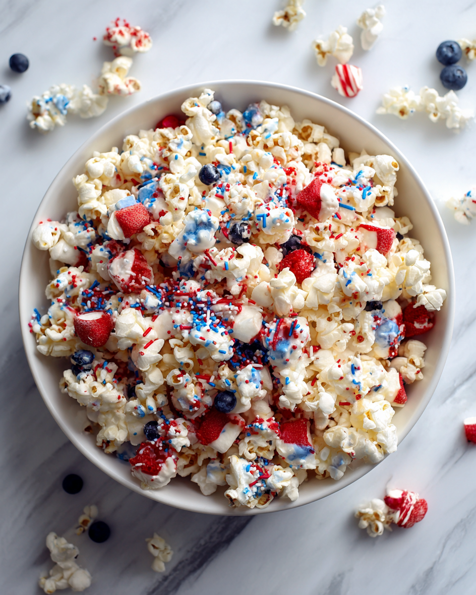 Palomitas de maíz festivas decoradas con chocolate blanco, candy melts en rojo y azul, ideales para el 4 de julio y celebraciones de verano.