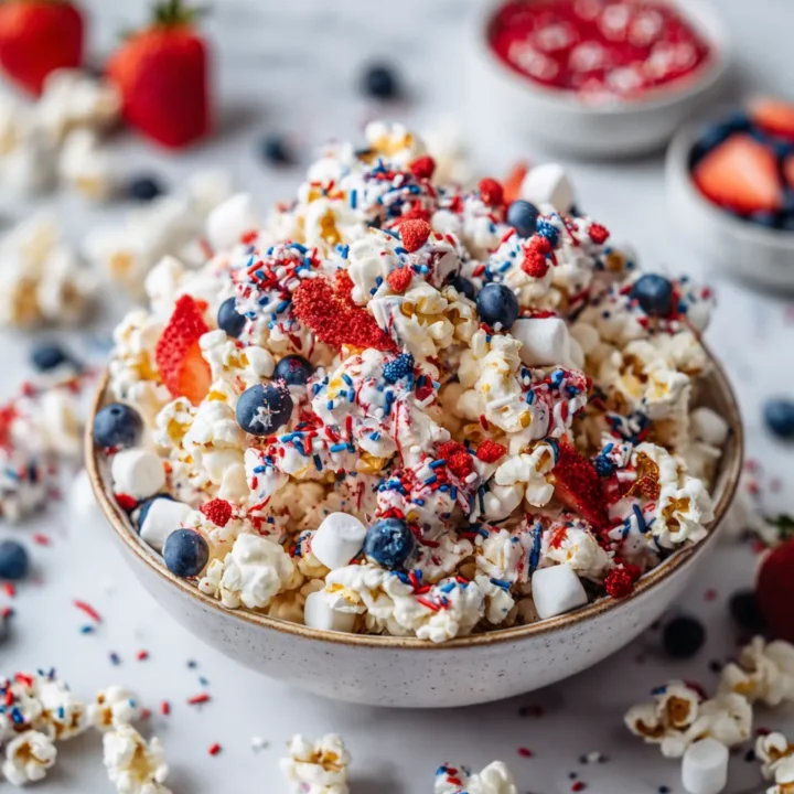 Deliciosas Palomitas de Maíz para el 4 de Julio Palomitas de maíz festivas decoradas con chocolate blanco, candy melts en rojo y azul, ideales para el 4 de julio y celebraciones de verano.