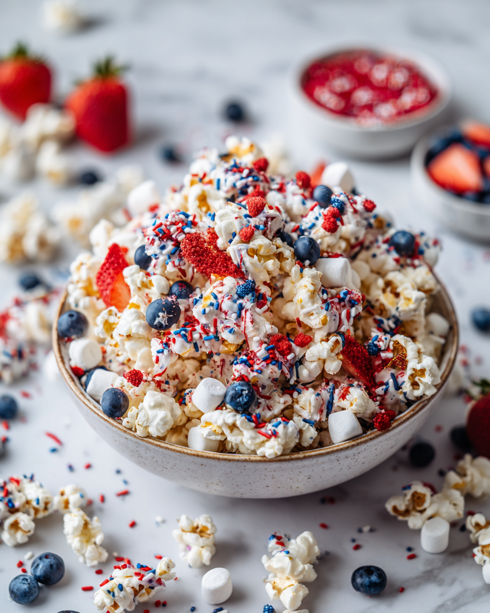 Palomitas de maíz festivas decoradas con chocolate blanco, candy melts en rojo y azul, ideales para el 4 de julio y celebraciones de verano.