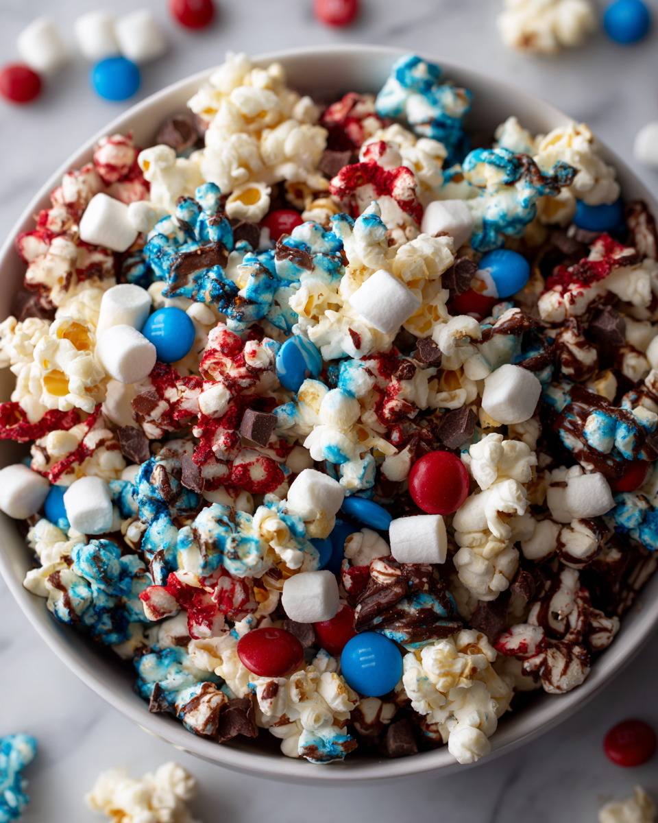 Receta fácil de mezcla de palomitas patrióticas para celebraciones, ideal para compartir en familia y amigos.