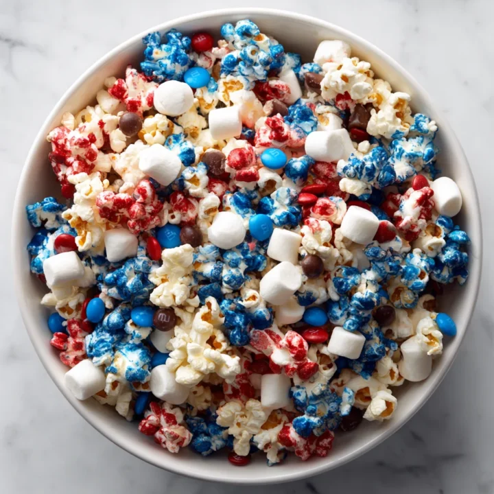 Receta fácil de mezcla de palomitas patrióticas para celebraciones, ideal para compartir en familia y amigos.