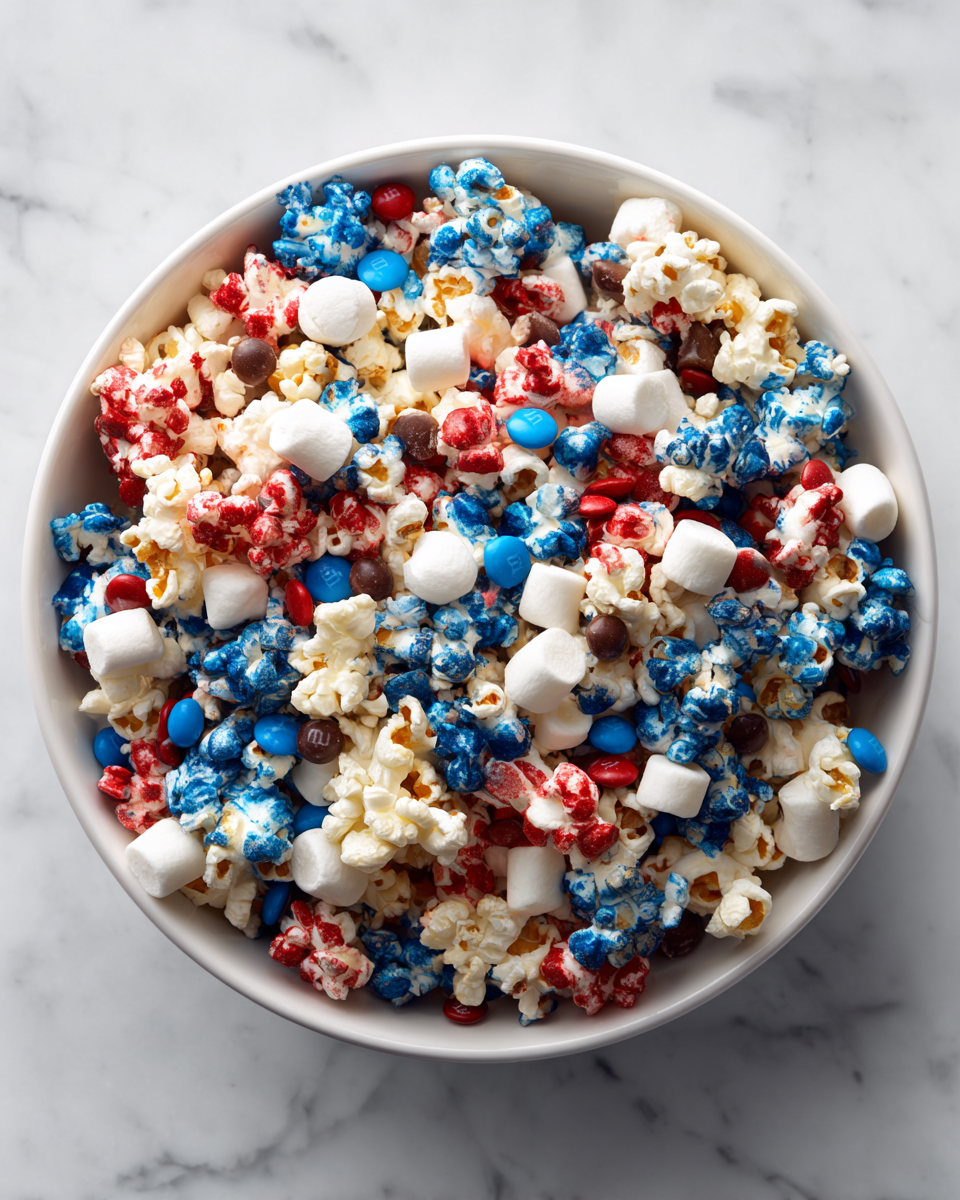 Receta fácil de mezcla de palomitas patrióticas para celebraciones, ideal para compartir en familia y amigos.