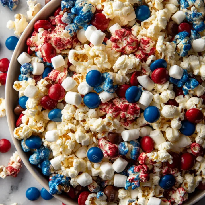 Receta fácil de mezcla de palomitas patrióticas para celebraciones, ideal para compartir en familia y amigos.