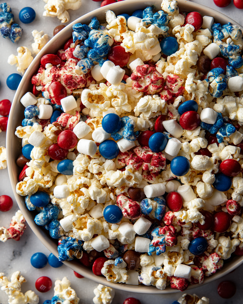 Receta fácil de mezcla de palomitas patrióticas para celebraciones, ideal para compartir en familia y amigos.