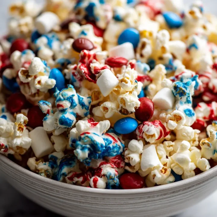 Receta fácil de mezcla de palomitas patrióticas para celebraciones, ideal para compartir en familia y amigos.