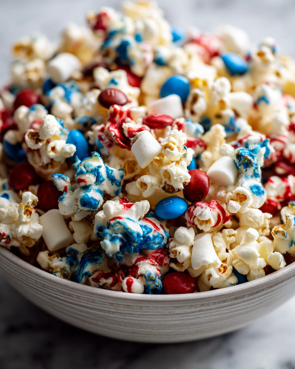 Receta fácil de mezcla de palomitas patrióticas para celebraciones, ideal para compartir en familia y amigos.