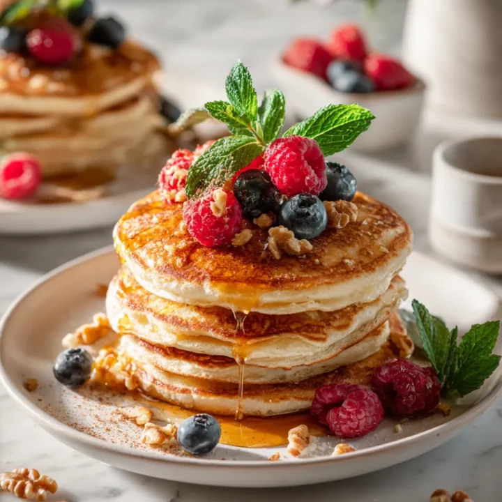 Pancakes de trigo integral esponjosos y nutritivos, perfectos para un brunch familiar, fáciles de hacer y llenos de sabor.