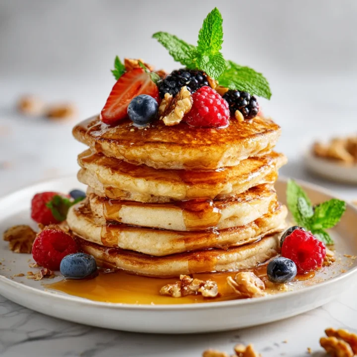 Deliciosos Pancakes de Trigo Integral Pancakes de trigo integral esponjosos y nutritivos, perfectos para un brunch familiar, fáciles de hacer y llenos de sabor.