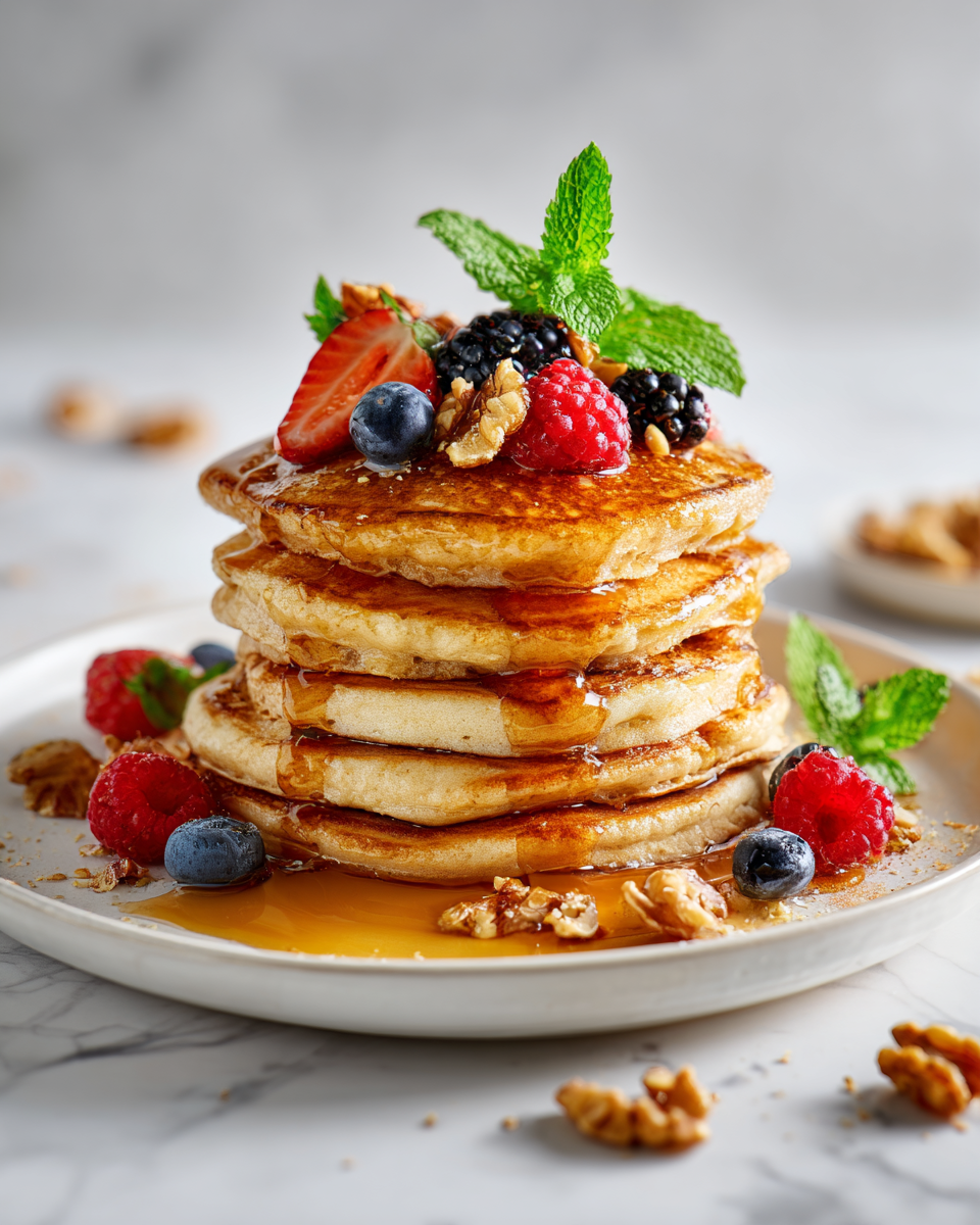 Deliciosos Pancakes de Trigo Integral Pancakes de trigo integral esponjosos y nutritivos, perfectos para un brunch familiar, fáciles de hacer y llenos de sabor.