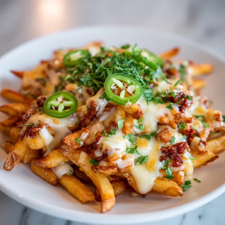 Disfruta de Papas Fritas con Queso al Estilo Español Deliciosas papas fritas cubiertas de queso y chorizo español, ideales para compartir en festividades.