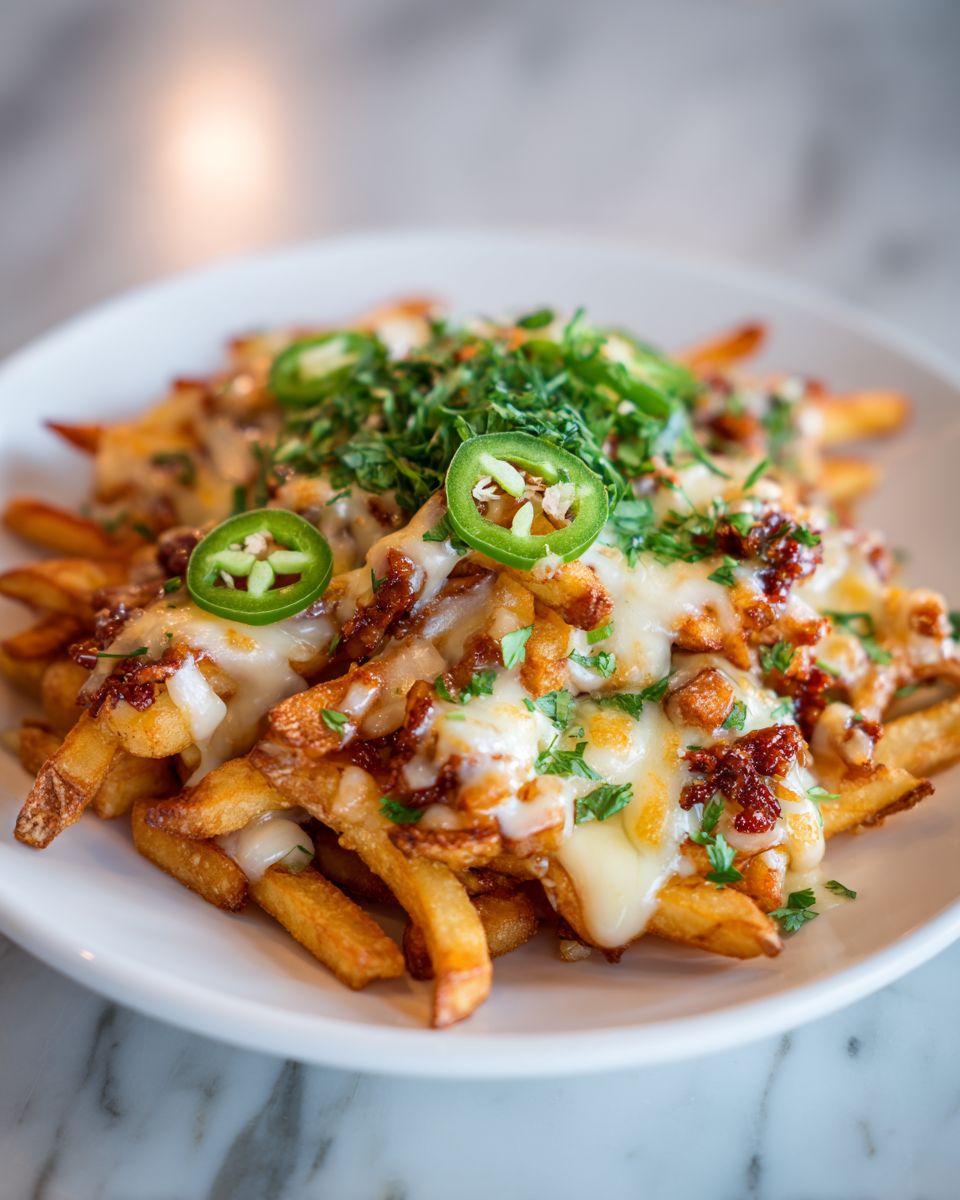 Deliciosas papas fritas cubiertas de queso y chorizo español, ideales para compartir en festividades.