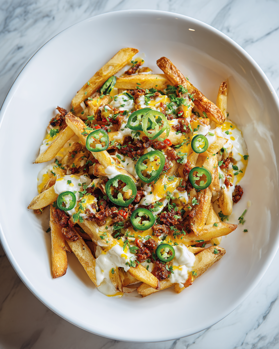 Deliciosas papas fritas cubiertas de queso y chorizo español, ideales para compartir en festividades.