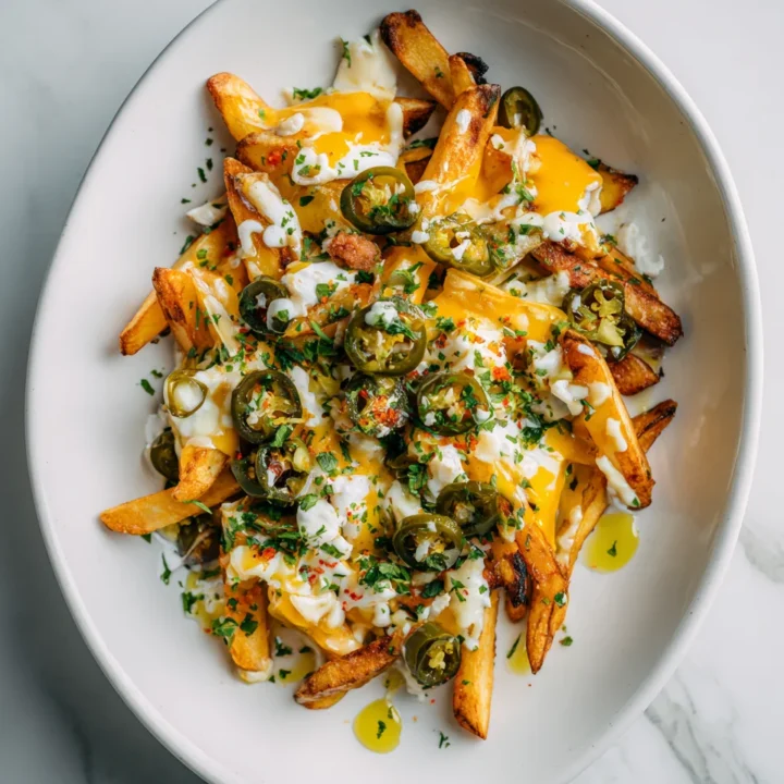 Disfruta de Papas Fritas con Queso al Estilo Español Deliciosas papas fritas cubiertas de queso y chorizo español, ideales para compartir en festividades.