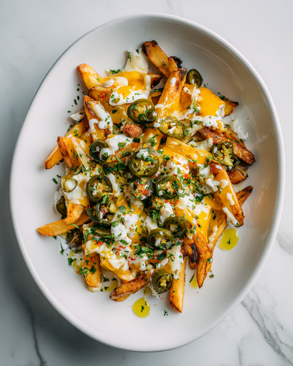 Deliciosas papas fritas cubiertas de queso y chorizo español, ideales para compartir en festividades.