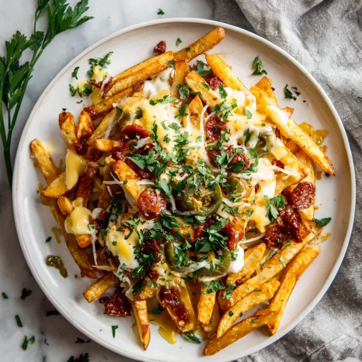 Disfruta de Papas Fritas con Queso al Estilo Español Deliciosas papas fritas cubiertas de queso y chorizo español, ideales para compartir en festividades.