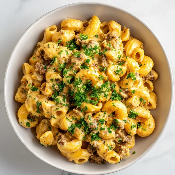 Disfruta de una Pasta con Sabor a Hamburguesa Pasta con hamburguesa servida en plato blanco, perfecta para reuniones familiares.
