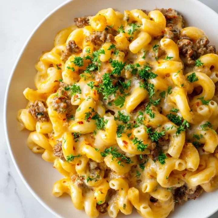 Disfruta de una Pasta con Sabor a Hamburguesa Pasta con hamburguesa servida en plato blanco, perfecta para reuniones familiares.