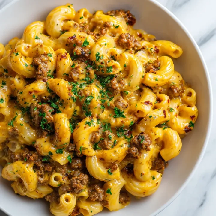 Disfruta de una Pasta con Sabor a Hamburguesa Pasta con hamburguesa servida en plato blanco, perfecta para reuniones familiares.