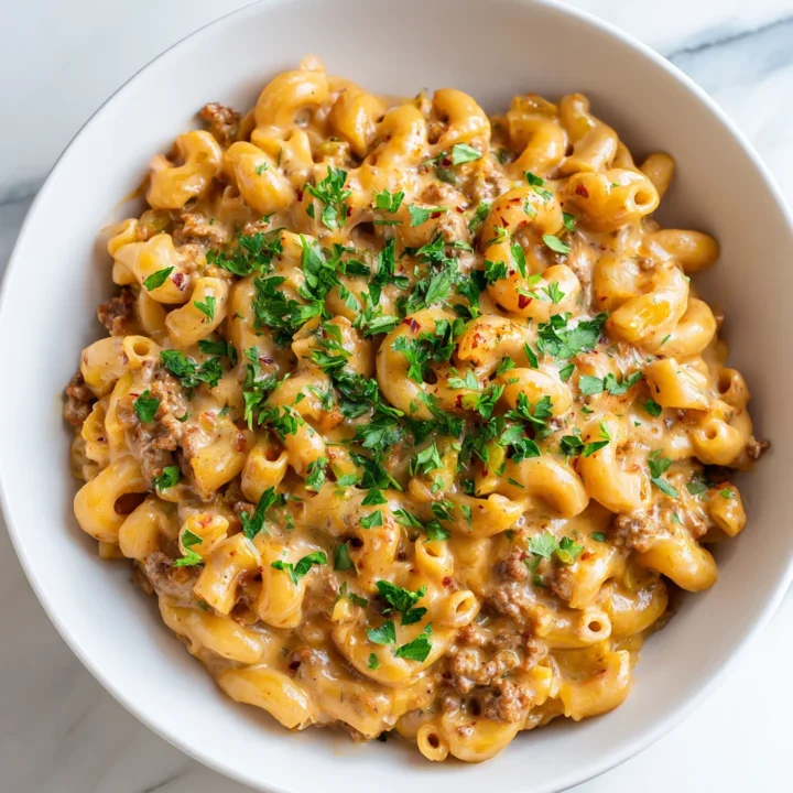 Disfruta de una Pasta con Sabor a Hamburguesa Pasta con hamburguesa servida en plato blanco, perfecta para reuniones familiares.